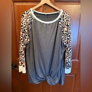 Amazon Gray Top with Leopard Print Sleeves